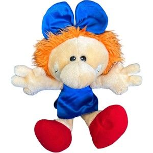 King Plush Rare Vtg Girl Doll Orange Hair Blue Bow Big Nose Cartoon Smile HTF